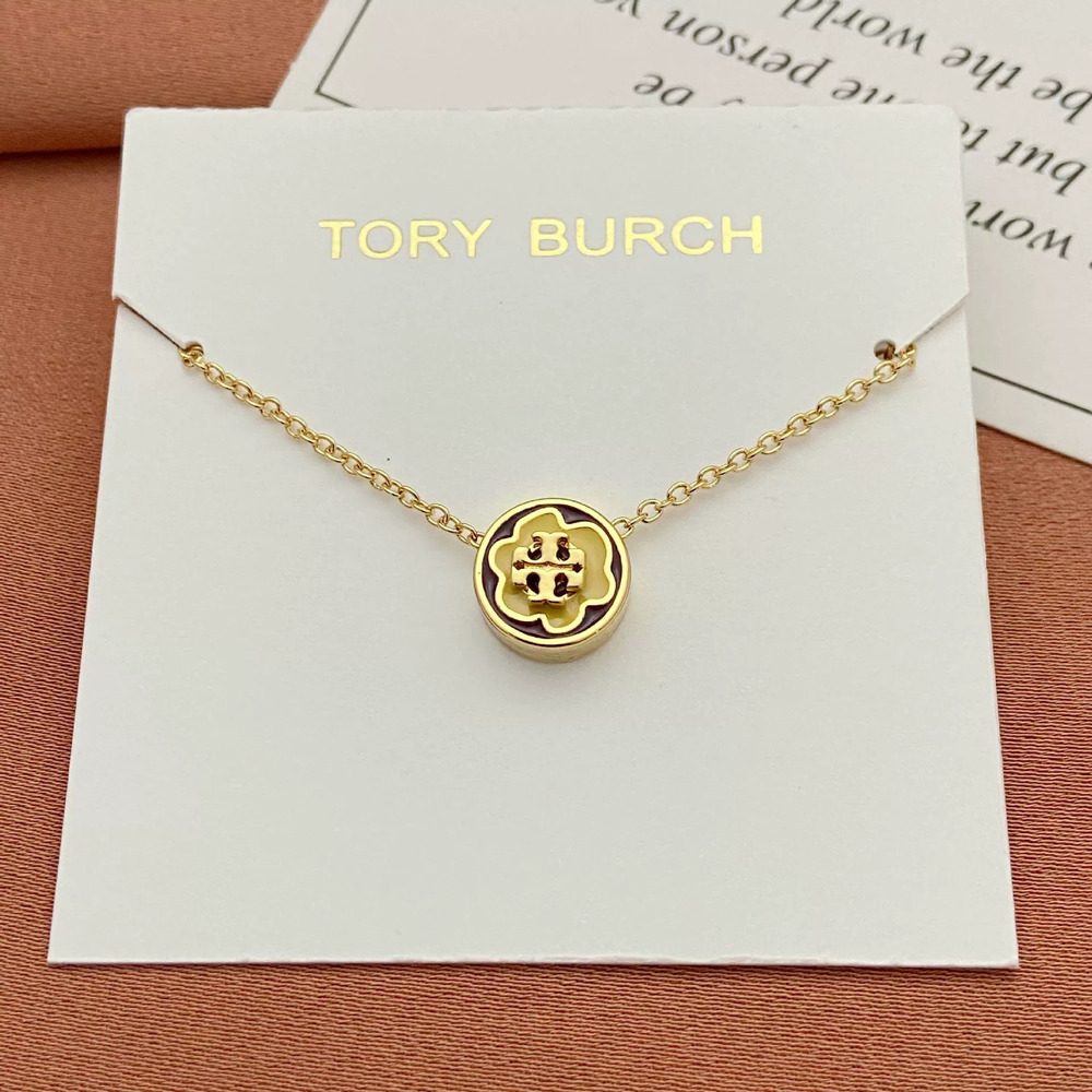 Tory Burch Enamel Round Flower Pendant Metal Necklace